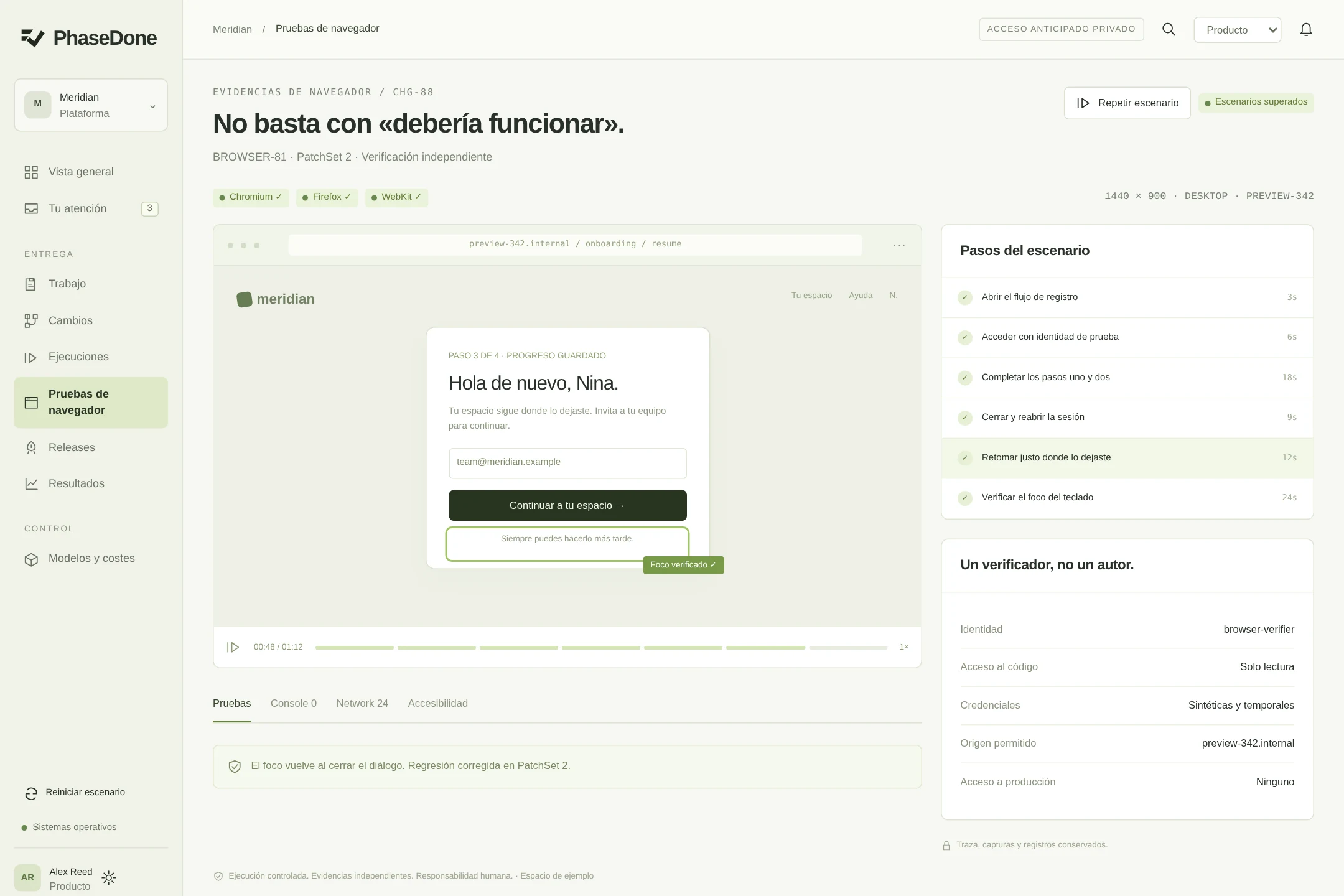 Verificación de PhaseDone en navegador con una aplicación de ejemplo y los pasos del escenario.
