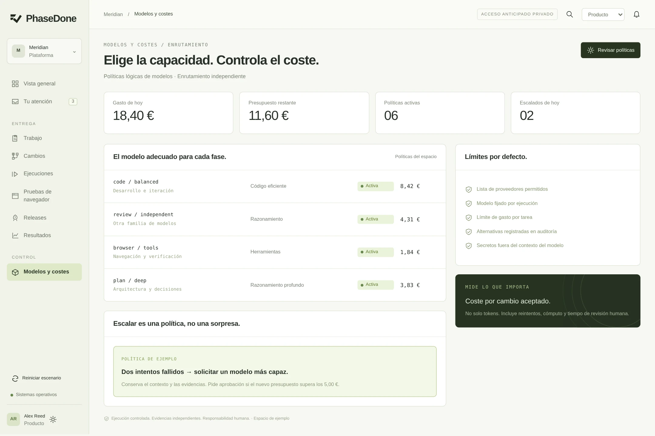 Espacio de PhaseDone para el perfil de finanzas. Datos de ejemplo.